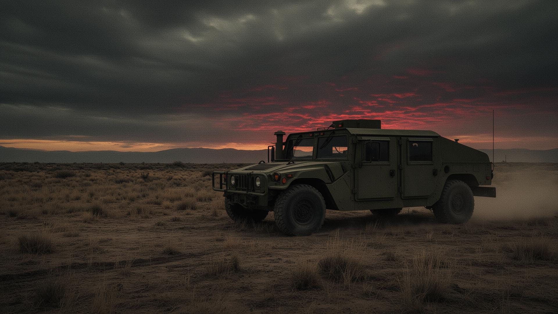 Military humvee in a field at dusk